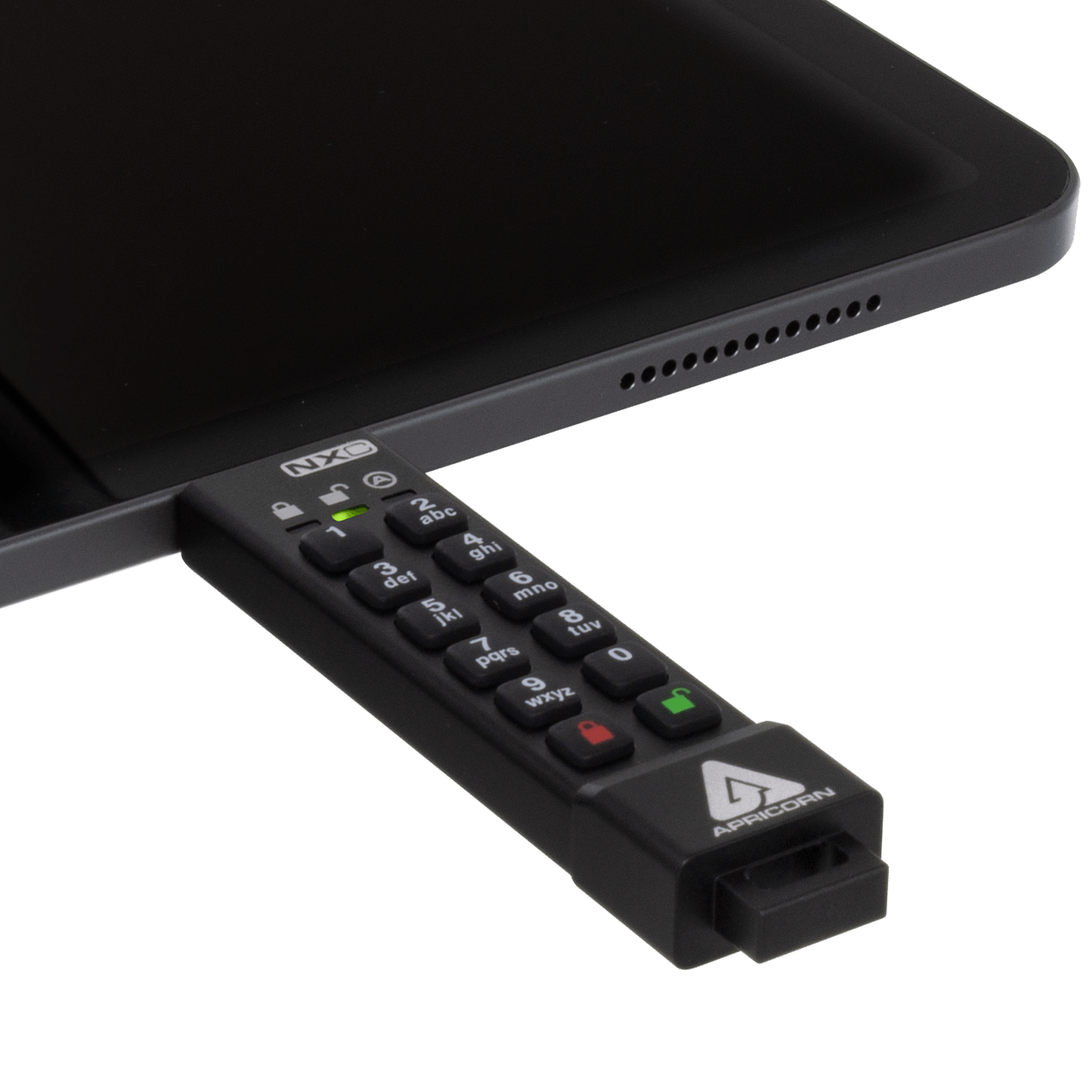 An Apricorn Aegis Secure Key 3NXC plugged in to a laptop.