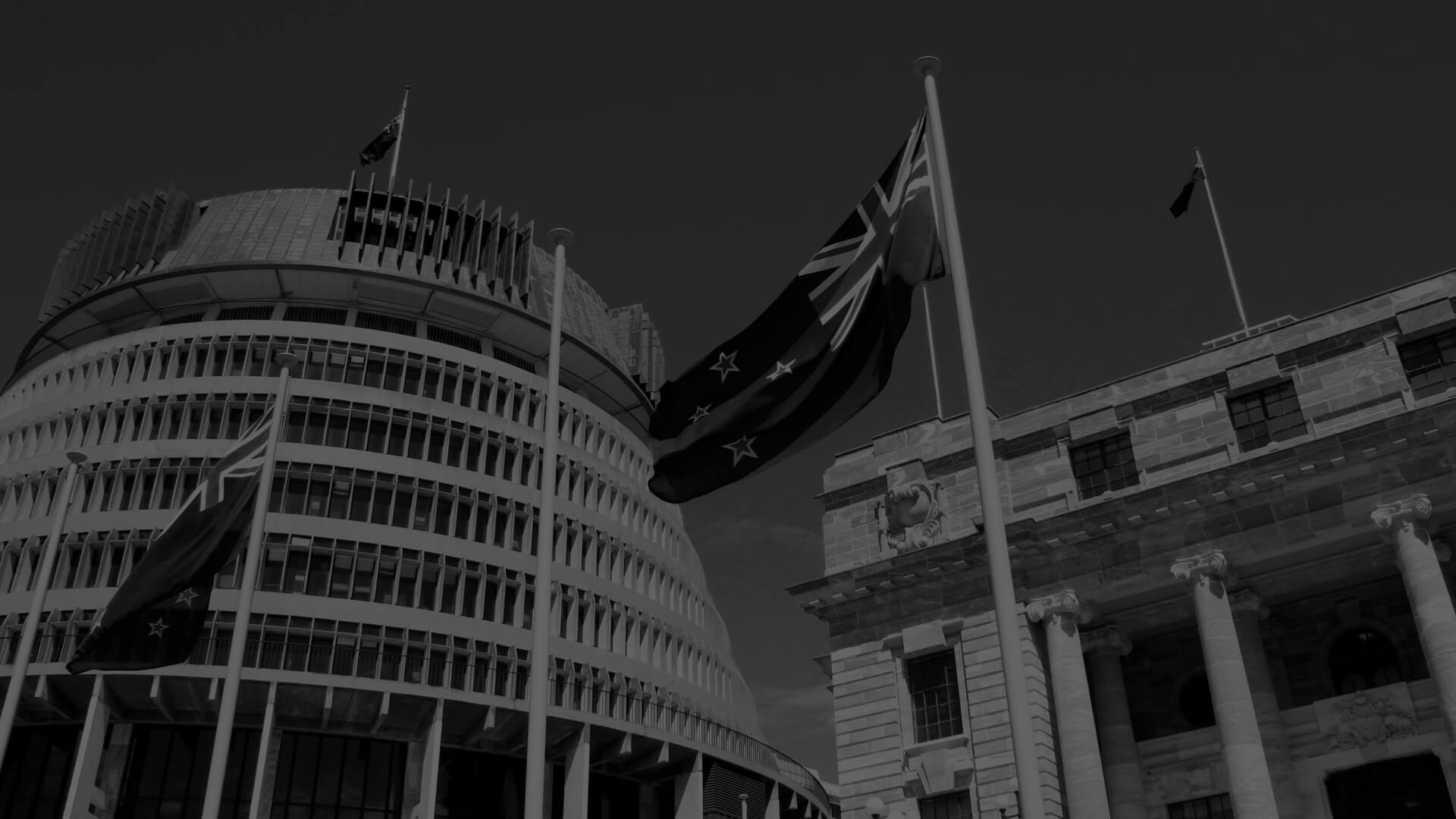 NZ Parliament House with a New Zealand Flag on a flagpole in the foreground.